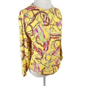 Icikuls Long Sleeve Top Yellow Horse Bit Equestrian Print Mesh Underarms Size S